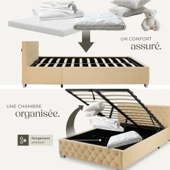 Tectake Lit capitonné avec bandes LED et espace de rangement 140x200 beige Sale