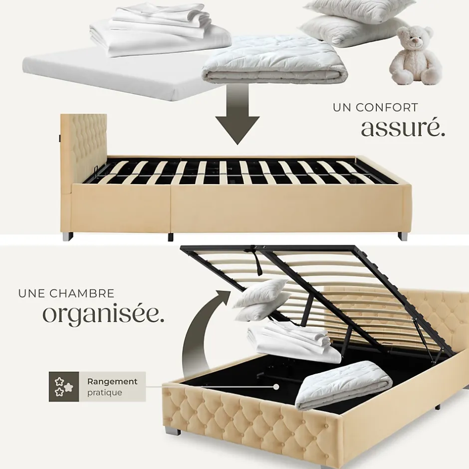 Tectake Lit capitonné avec bandes LED et espace de rangement 140x200 beige Sale