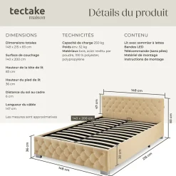 Tectake Lit capitonné avec bandes LED et espace de rangement 140x200 beige Sale