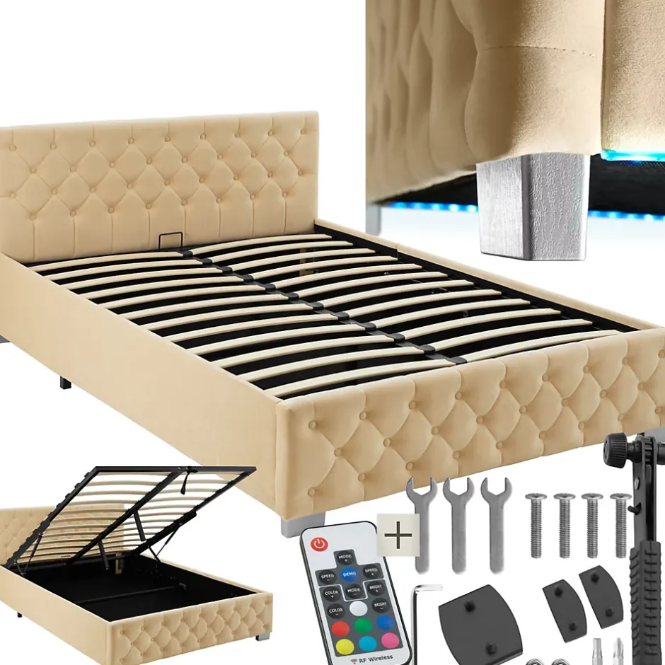 Tectake Lit capitonné avec bandes LED et espace de rangement 140x200 beige Sale