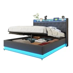 Redom Lit capitonné LED 140 sur 200 cm avec port USB et rangement hydraulique en tissu lin gris doux pour la peau