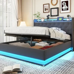 Redom Lit capitonné LED 140 sur 200 cm avec port USB et rangement hydraulique en tissu lin gris doux pour la peau