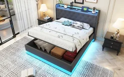 Redom Lit capitonné LED 140 sur 200 cm avec port USB et rangement hydraulique en tissu lin gris doux pour la peau