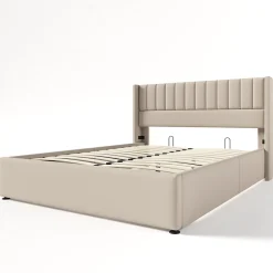 Simple Life Lit capitonné,160 x 200 cm, avec sommier à lattes hydraulique, avec espace de rangement,beige Clearance