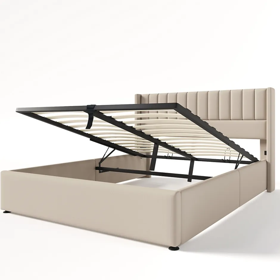 Simple Life Lit capitonné,160 x 200 cm, avec sommier à lattes hydraulique, avec espace de rangement,beige Clearance