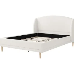 ModernLuxe Lit capitonné 140x190 cm - Tête de lit à oreilles - Pieds en bois d'hévéa - Sommier à lattes - Tissu bouclé - Blanc(sans matelas)