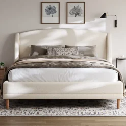 ModernLuxe Lit capitonné 140x190 cm - Tête de lit à oreilles - Pieds en bois d'hévéa - Sommier à lattes - Tissu bouclé - Blanc(sans matelas)