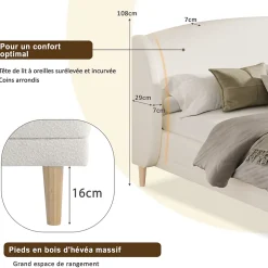 ModernLuxe Lit capitonné 140x190 cm - Tête de lit à oreilles - Pieds en bois d'hévéa - Sommier à lattes - Tissu bouclé - Blanc(sans matelas)