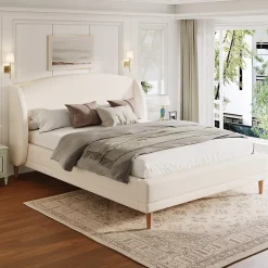 ModernLuxe Lit capitonné 140x190 cm - Tête de lit à oreilles - Pieds en bois d'hévéa - Sommier à lattes - Tissu bouclé - Blanc(sans matelas)