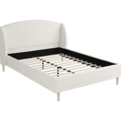 ModernLuxe Lit capitonné 140x190 cm - Tête de lit à oreilles - Pieds en bois d'hévéa - Sommier à lattes - Tissu bouclé - Blanc(sans matelas)
