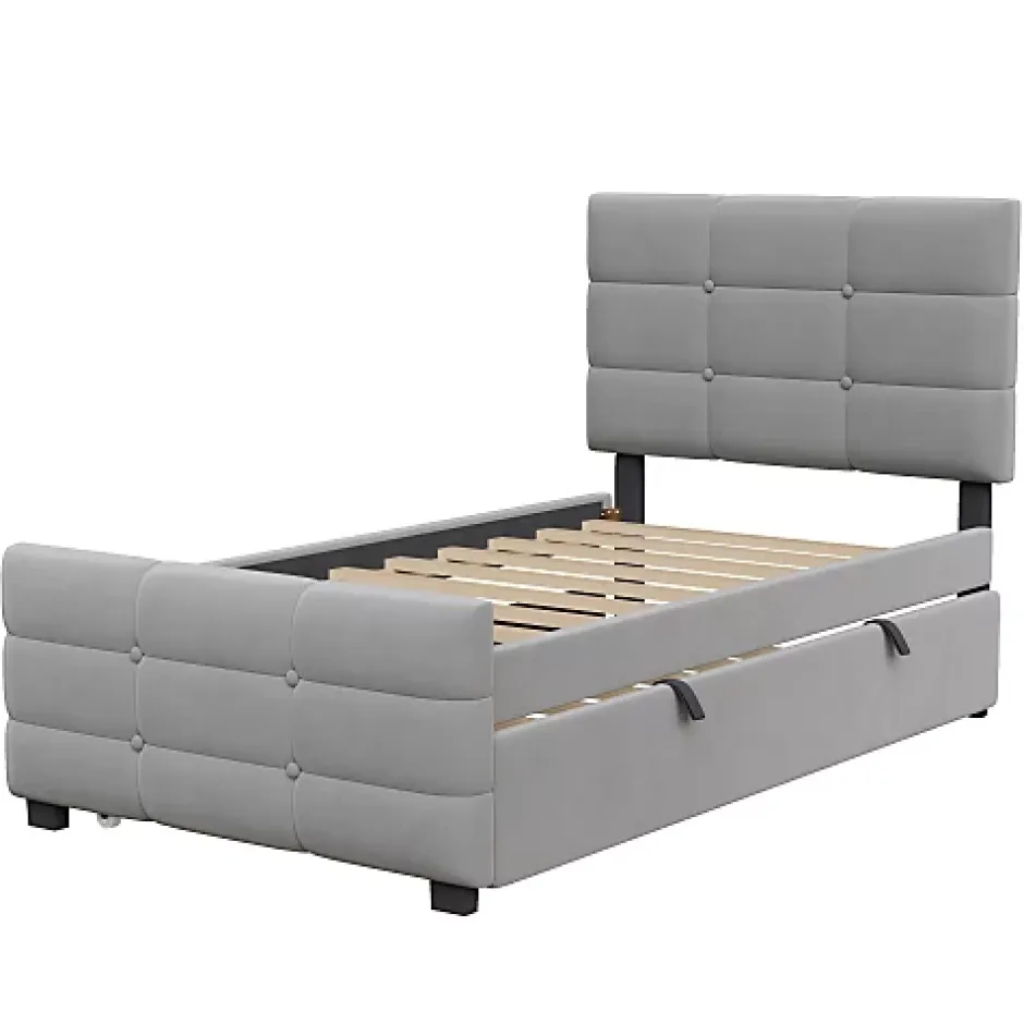 ModernLuxe Lit capitonné 90x190cm - lit gigogne - velours - gris (matelas non inclus) Sale
