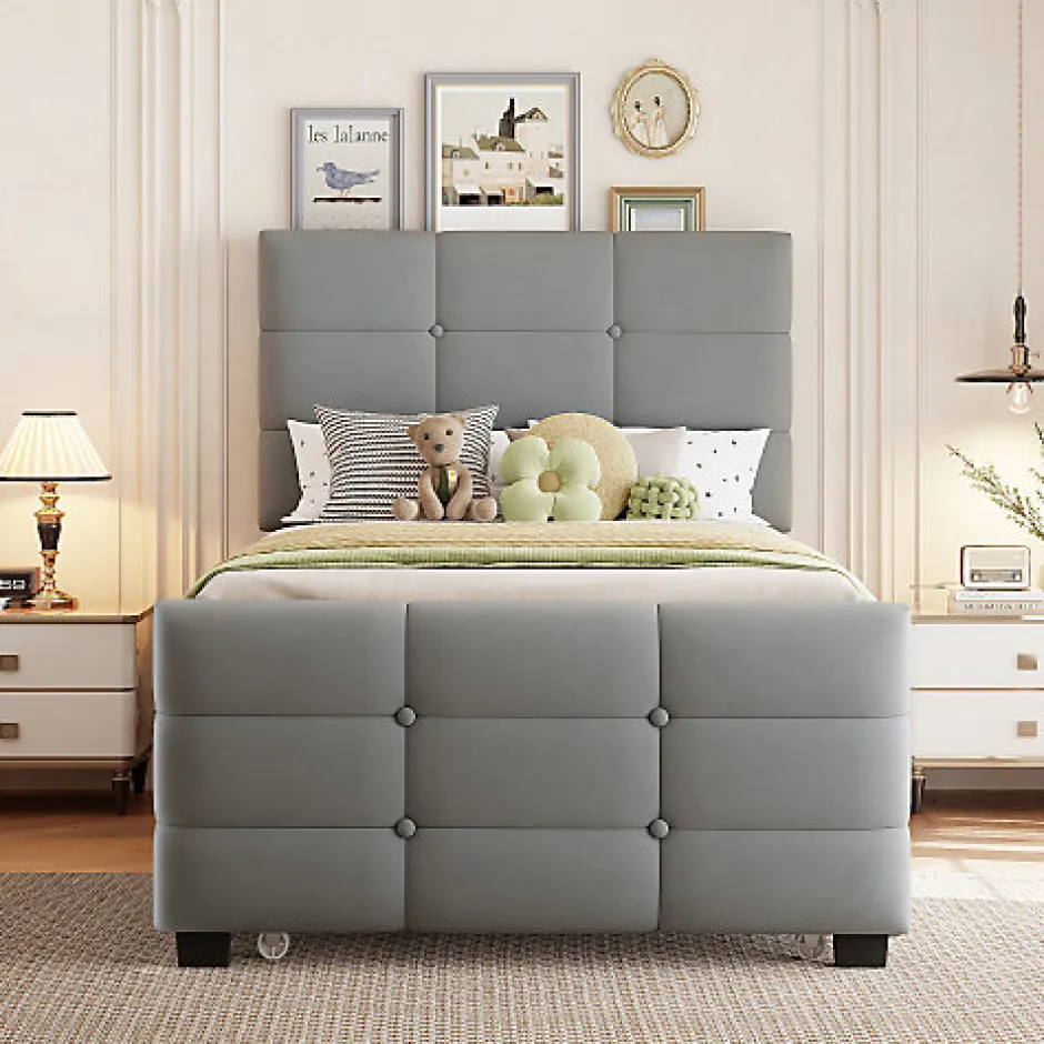 ModernLuxe Lit capitonné 90x190cm - lit gigogne - velours - gris (matelas non inclus) Sale