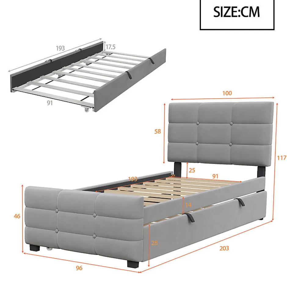 ModernLuxe Lit capitonné 90x190cm - lit gigogne - velours - gris (matelas non inclus) Sale