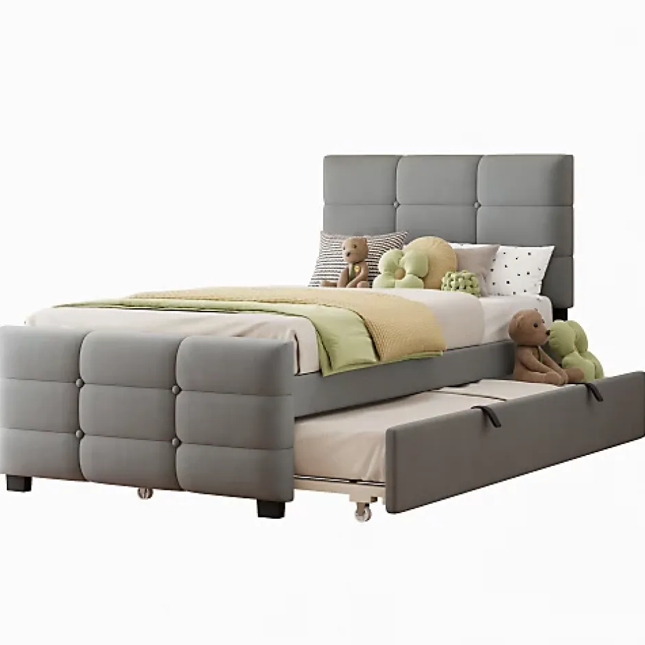 ModernLuxe Lit capitonné 90x190cm - lit gigogne - velours - gris (matelas non inclus) Sale
