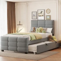 ModernLuxe Lit capitonné 90x190cm - lit gigogne - velours - gris (matelas non inclus) Sale