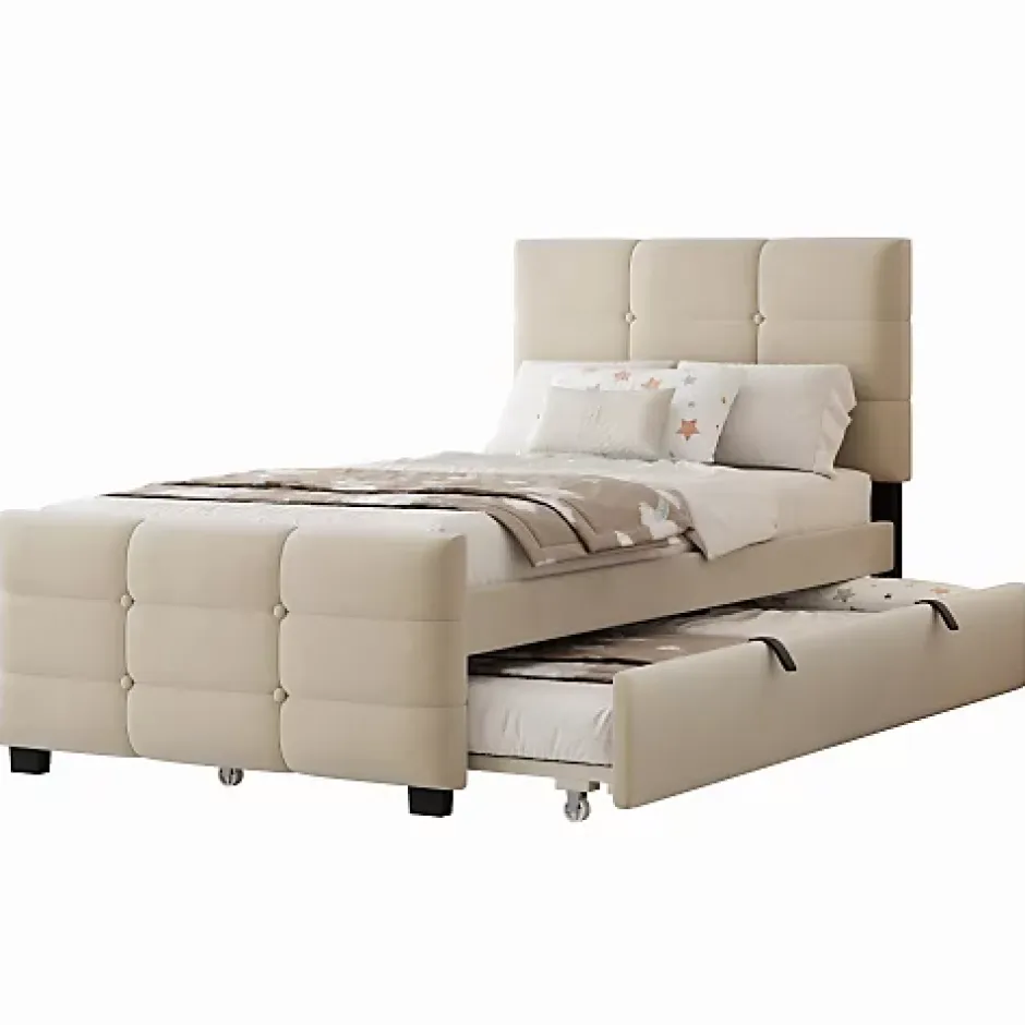ModernLuxe Lit capitonné 90x190cm - lit gigogne - velours - beige (matelas non inclus) Best