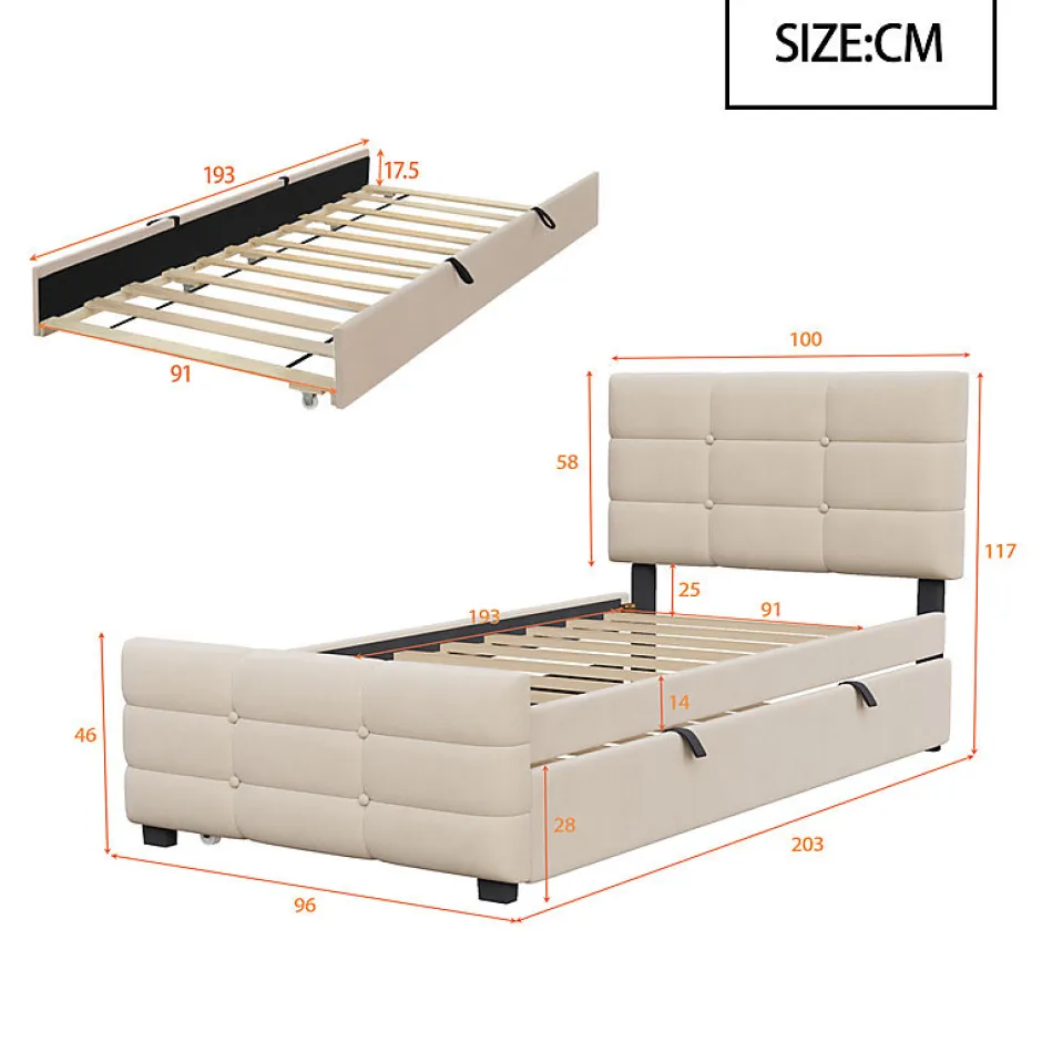 ModernLuxe Lit capitonné 90x190cm - lit gigogne - velours - beige (matelas non inclus) Best