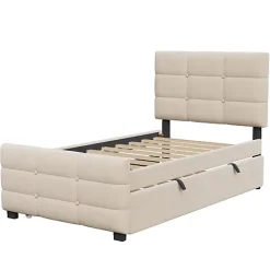 ModernLuxe Lit capitonné 90x190cm - lit gigogne - velours - beige (matelas non inclus) Best