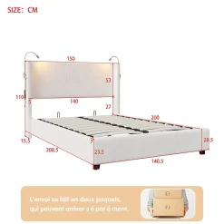 ProximaX Lit capitonné 140x200cm avec une lampe de lecture , Lit Coffre avec Espace de Rangement, Sommier à Lattes, velours côtelé, Beige