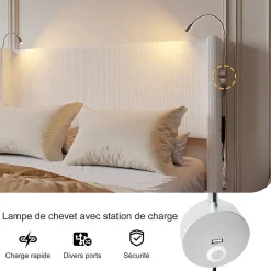 ProximaX Lit capitonné 140x200cm avec une lampe de lecture , Lit Coffre avec Espace de Rangement, Sommier à Lattes, velours côtelé, Beige