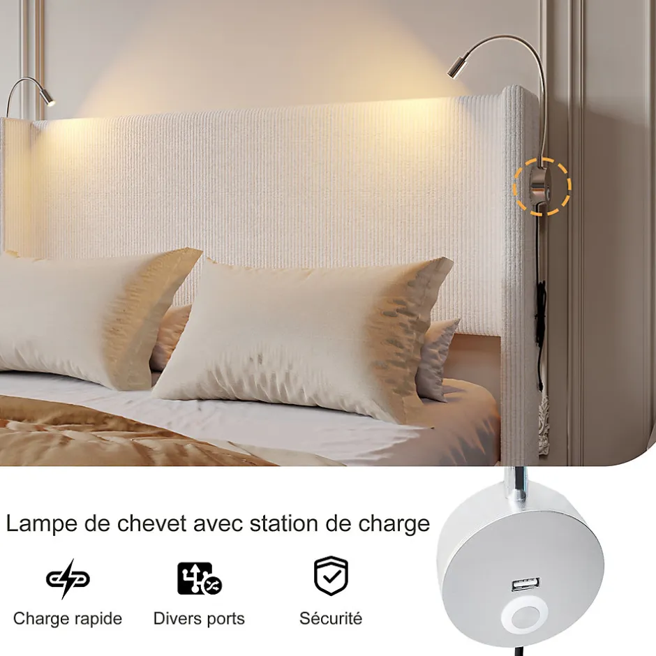 ProximaX Lit capitonné 140x200cm avec une lampe de lecture , Lit Coffre avec Espace de Rangement, Sommier à Lattes, velours côtelé, Beige