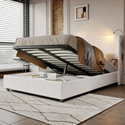 ProximaX Lit capitonné 140x200cm avec une lampe de lecture , Lit Coffre avec Espace de Rangement, Sommier à Lattes, velours côtelé, Beige