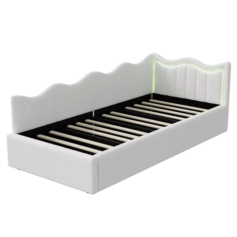 Fortuna lai Lit Capitonné 90x200cm, Canapé-lit Coffre Avec Éclairage LED Et Sommier à Lattes, Velours,blanc Discount