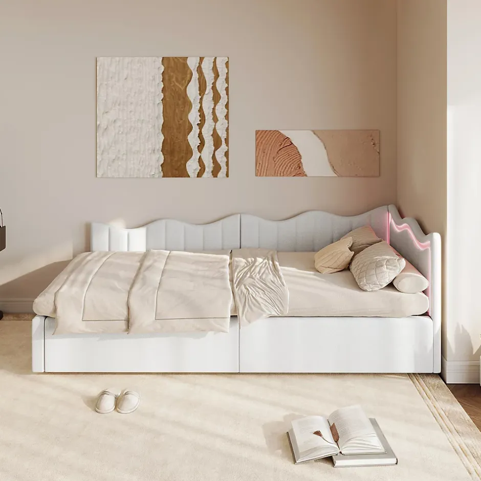 Fortuna lai Lit Capitonné 90x200cm, Canapé-lit Coffre Avec Éclairage LED Et Sommier à Lattes, Velours,blanc Discount