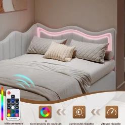 Fortuna lai Lit Capitonné 90x200cm, Canapé-lit Coffre Avec Éclairage LED Et Sommier à Lattes, Velours,blanc Discount
