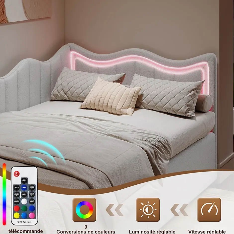 Fortuna lai Lit Capitonné 90x200cm, Canapé-lit Coffre Avec Éclairage LED Et Sommier à Lattes, Velours,blanc Discount
