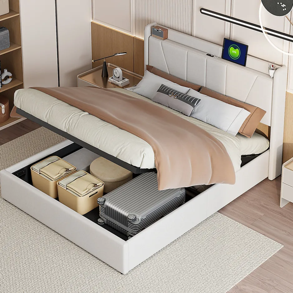 Fortuna lai Lit capitonné 160x200cm, lit coffre avec 2 USB+1 interface type-c, Rangement sous le lit,Beige New
