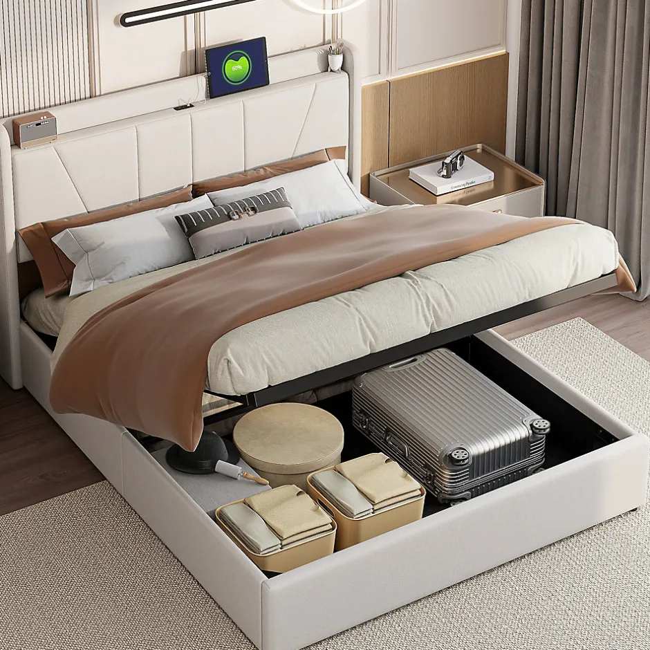 Fortuna lai Lit capitonné 160x200cm, lit coffre avec 2 USB+1 interface type-c, Rangement sous le lit,Beige New