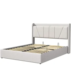 Fortuna lai Lit capitonné 160x200cm, lit coffre avec 2 USB+1 interface type-c, Rangement sous le lit,Beige New