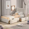 Simple Life Lit capitonne 90 x 200 cm - avec 2 tiroirs, sommier à lattes et tête de lit relevable, tissu velours, style scandinave - Beige