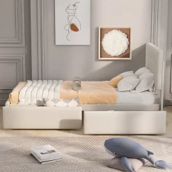 Simple Life Lit capitonne 90 x 200 cm - avec 2 tiroirs, sommier à lattes et tête de lit relevable, tissu velours, style scandinave - Beige