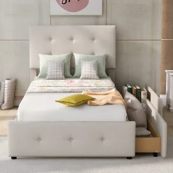 Simple Life Lit capitonne 90 x 200 cm - avec 2 tiroirs, sommier à lattes et tête de lit relevable, tissu velours, style scandinave - Beige