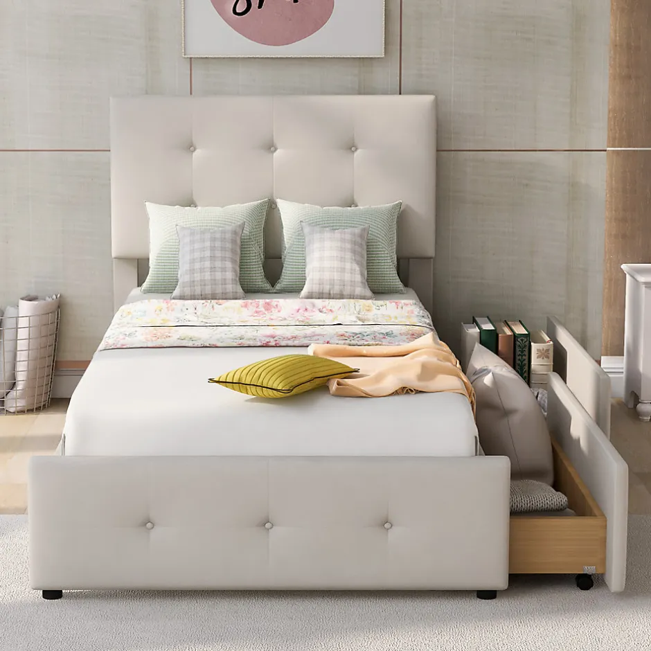 Simple Life Lit capitonne 90 x 200 cm - avec 2 tiroirs, sommier à lattes et tête de lit relevable, tissu velours, style scandinave - Beige