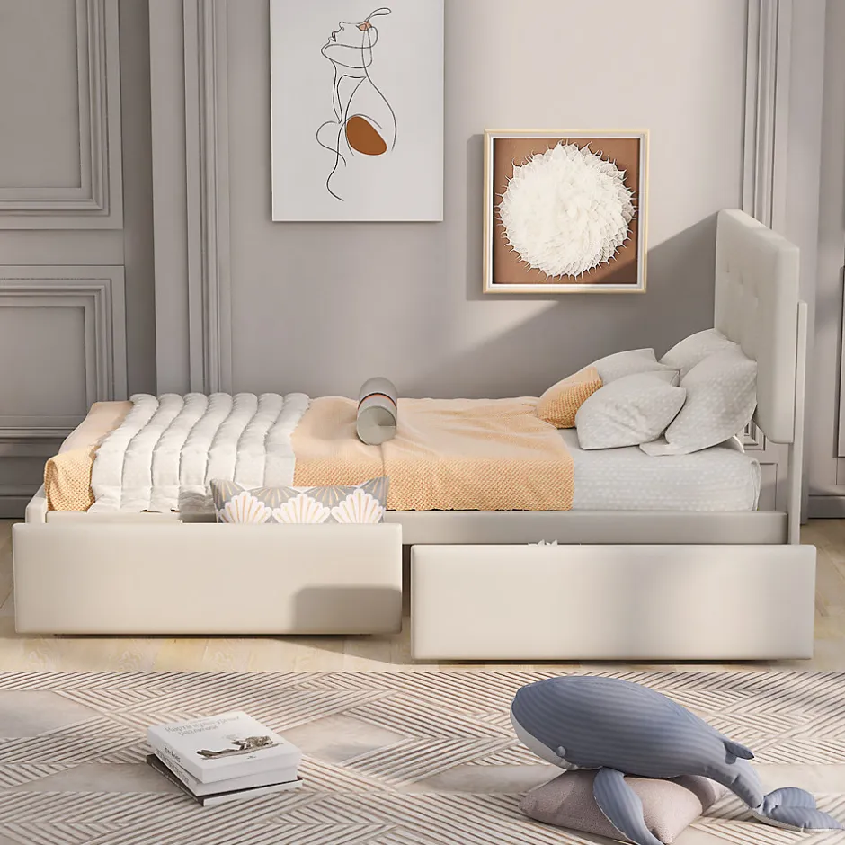 ProximaX Lit capitonne 90 x 200 cm - avec 2 tiroirs, sommier à lattes et tête de lit relevable, tissu velours, style scandinave - Beige