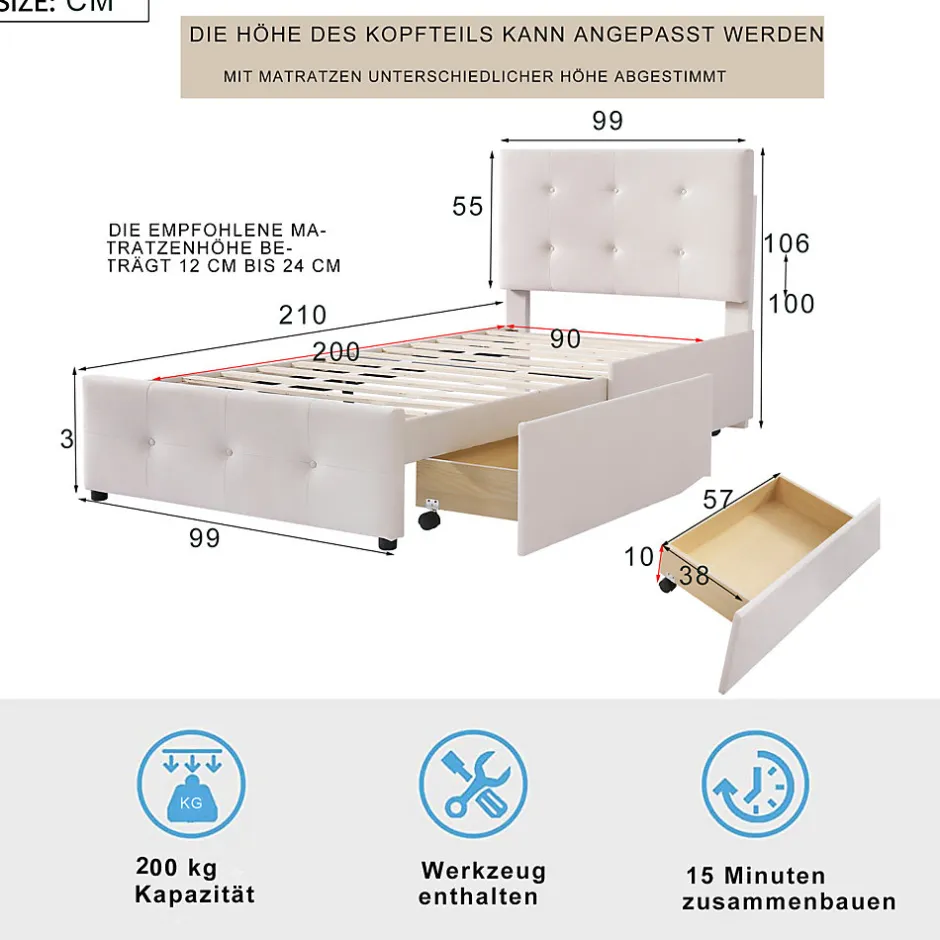 ProximaX Lit capitonne 90 x 200 cm - avec 2 tiroirs, sommier à lattes et tête de lit relevable, tissu velours, style scandinave - Beige