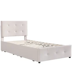 ProximaX Lit capitonne 90 x 200 cm - avec 2 tiroirs, sommier à lattes et tête de lit relevable, tissu velours, style scandinave - Beige
