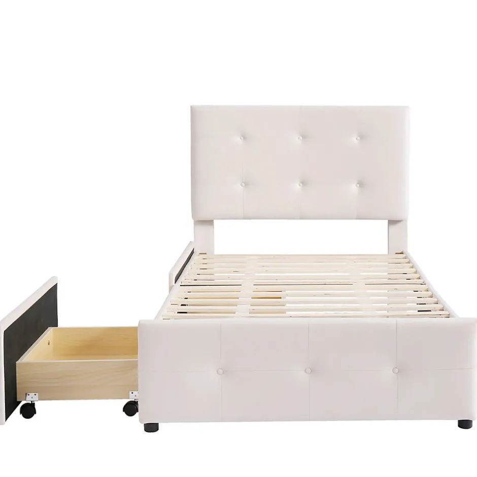ProximaX Lit capitonne 90 x 200 cm - avec 2 tiroirs, sommier à lattes et tête de lit relevable, tissu velours, style scandinave - Beige