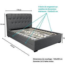 Weber Industries Lit CHELSEA 160x200 + 4 tiroirs + sommier / Gris foncé