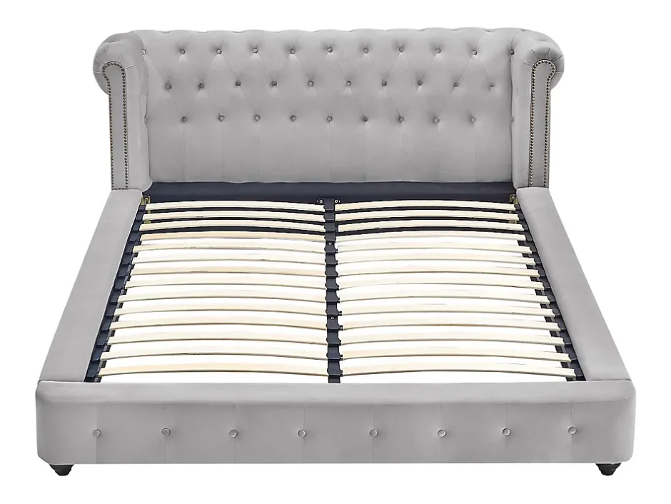 Vente-unique Lit chesterfield 160 x 200 cm - Velours - Gris clair + Matelas - TONGERLA Best