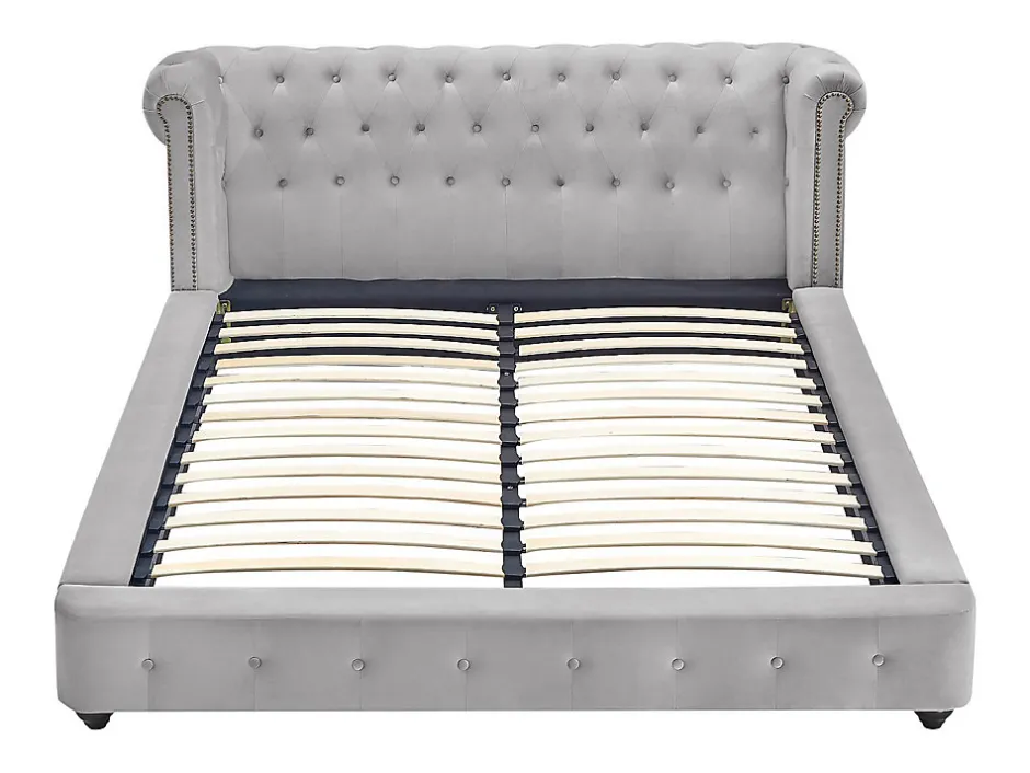 Vente-unique Lit chesterfield 160 x 200 cm - Velours - Gris clair - TONGERLA