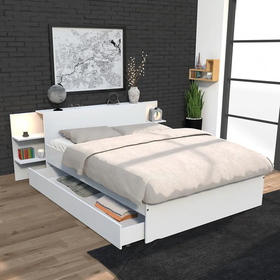 Weber Industries Lit CITY 140x190 + tête de lit chevet + 1 tiroir / Blanc