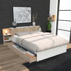 Weber Industries Lit CITY 140x190 + tête de lit chevet + 1 tiroir / Décor Blanc & chêne blanchi