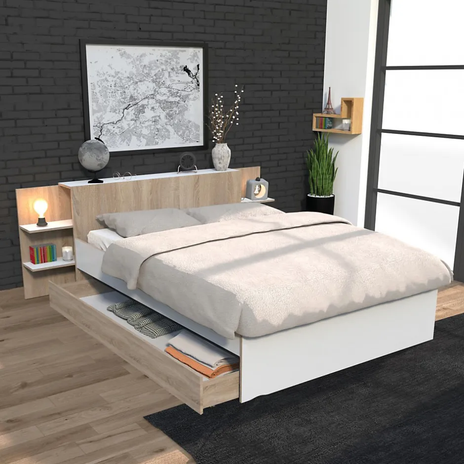 Weber Industries Lit CITY 140x190 + tête de lit chevet + 1 tiroir / Décor Blanc & chêne blanchi