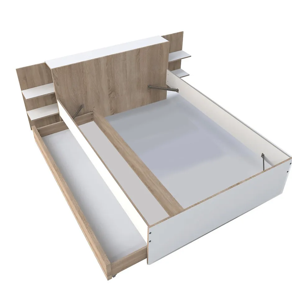 Weber Industries Lit CITY 140x190 + tête de lit chevet + 1 tiroir / Décor Blanc & chêne blanchi