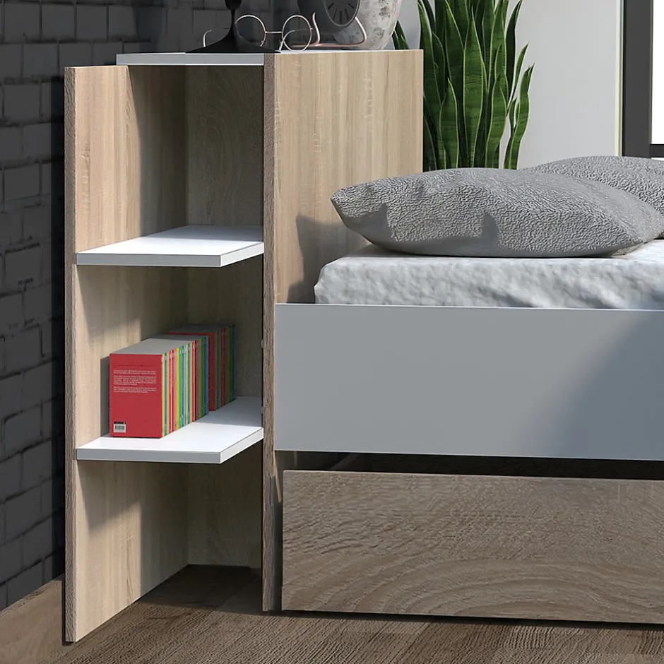 Weber Industries Lit CITY 140x190 + tête de lit chevet + 1 tiroir / Décor Blanc & chêne blanchi