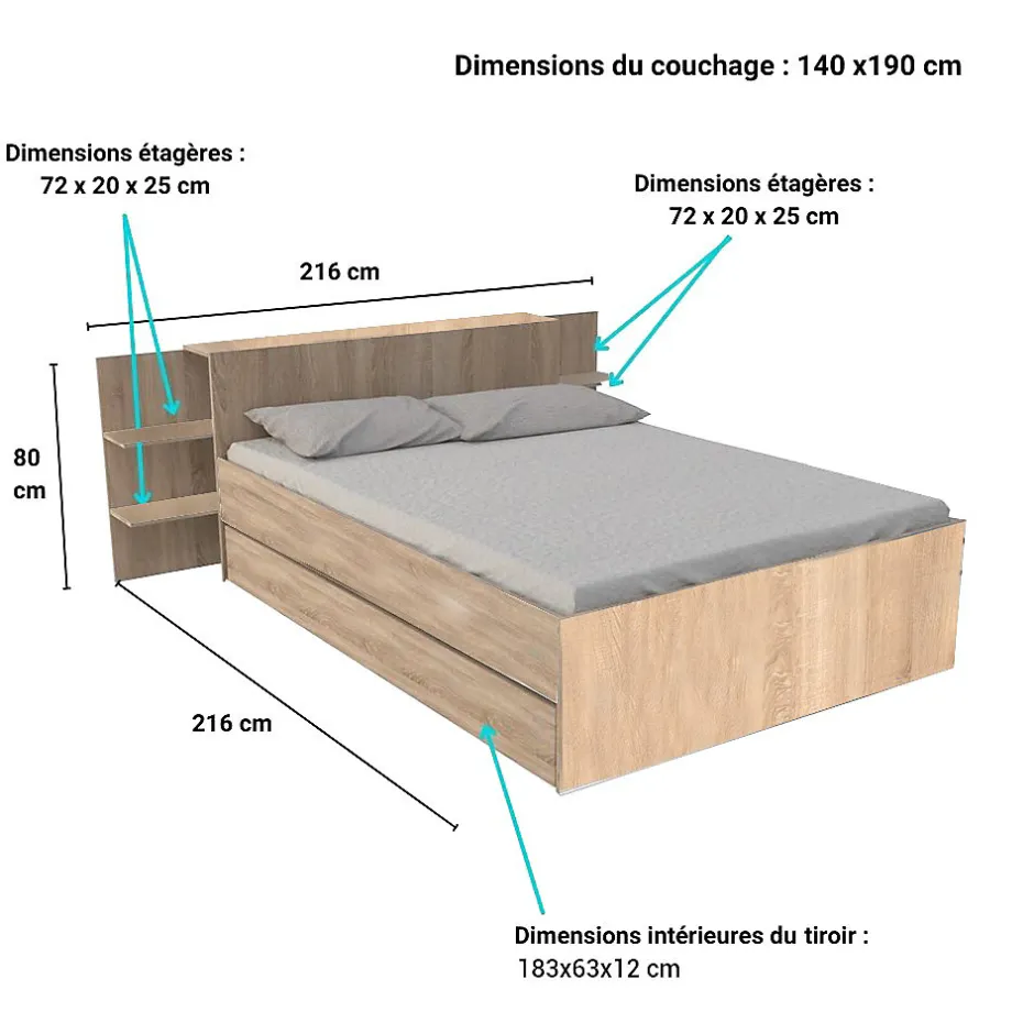 Weber Industries Lit CITY 140x190 + tête de lit chevet + 1 tiroir /Décor Chêne blanchi
